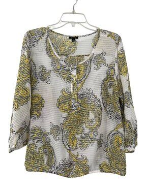 Ann Taylor Paisley Blouse Womens L Yellow Gray Sheer Used